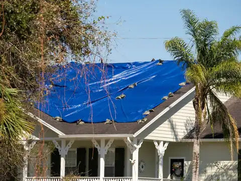 A blue tarp weighted down over one slope of a shingle roof on a one-story house with a white bracketed porch and a palm tree in front